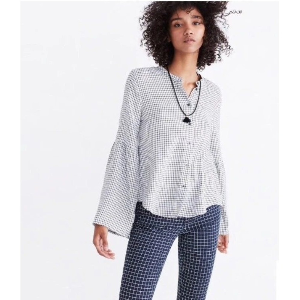 Madewell Bell Sleeve Button Down Shirt in Windowpane G7374 Women's Medium